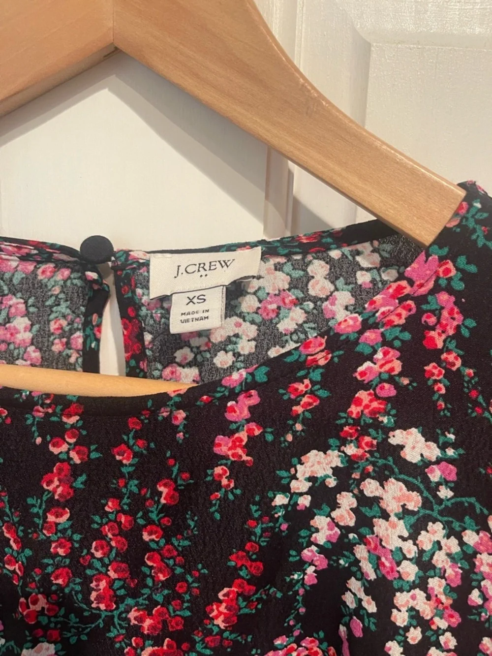 J. Crew Black Floral Long-Sleeve Blouse with Pink and Red Blossoms